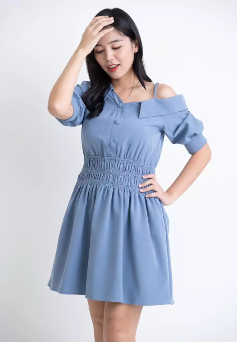 SIDE SHOULDER WITH ELASTICITY WAISTBAND DRESS
