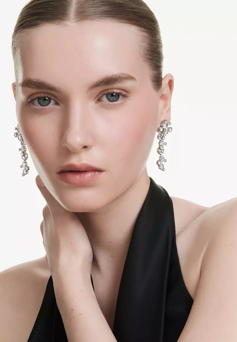 Constella drop earrings, Mixed cuts, White, Rhodium plated