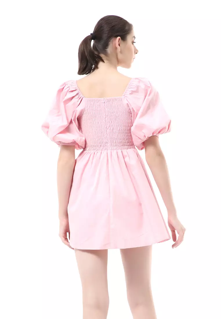 Rachel Dress Wanita Ballerina Pluffy Baloon Sleeve Simple Elegant Material Cotton ORIGINAL - Soft Pink