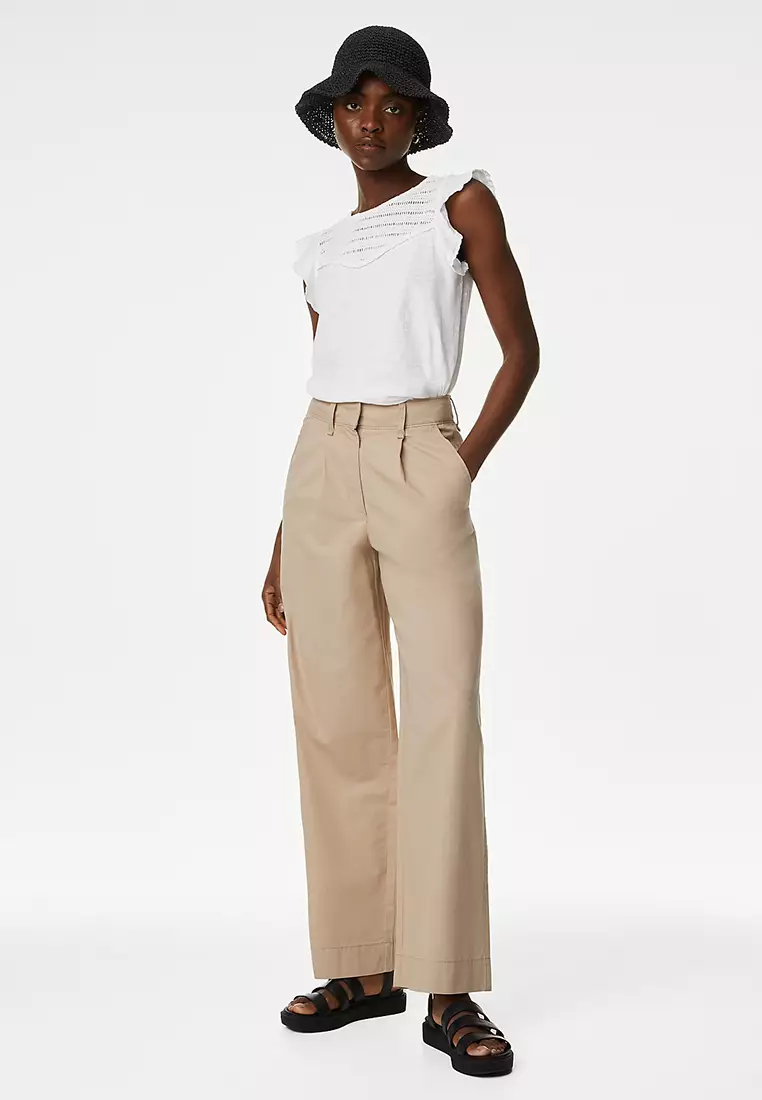 Pure Cotton Embroidered Frill Detail Top