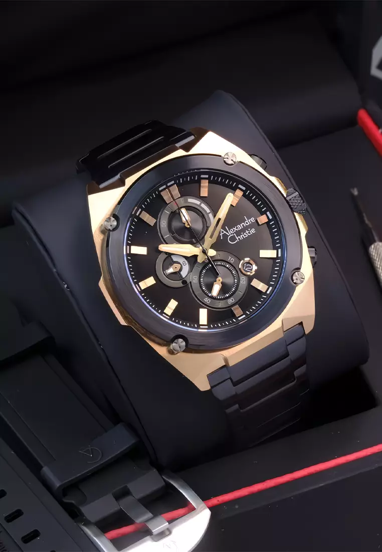 Alexandre Christie - Jam Tangan Chronograph Pria - Rosegold Black - Stainless Steel - 6655MCBBRBA