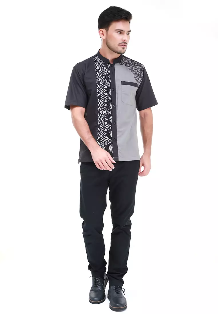 Dwan Kemeja Batik Pria Two Tone Atasan Formal Shortsleeve Shirt Material Cotton ORIGINAL - Black