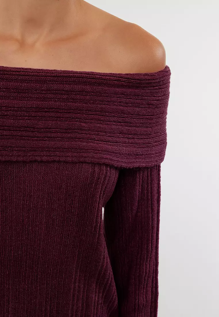 Burgundy Soft Textured Carmen Collar Knitwear Sweater
