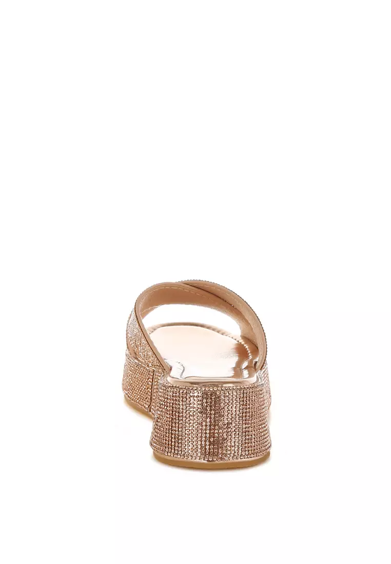 Rhinestone Embellished Flatforms In Rose Gold