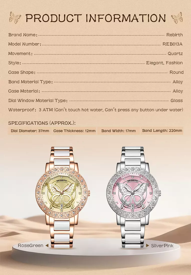 Jam Tangan Wanita Desain Kupu-Kupu Berlian Kristal Kalender Tali Stainless Steel Ceramic Anti Air Warna rosegreen