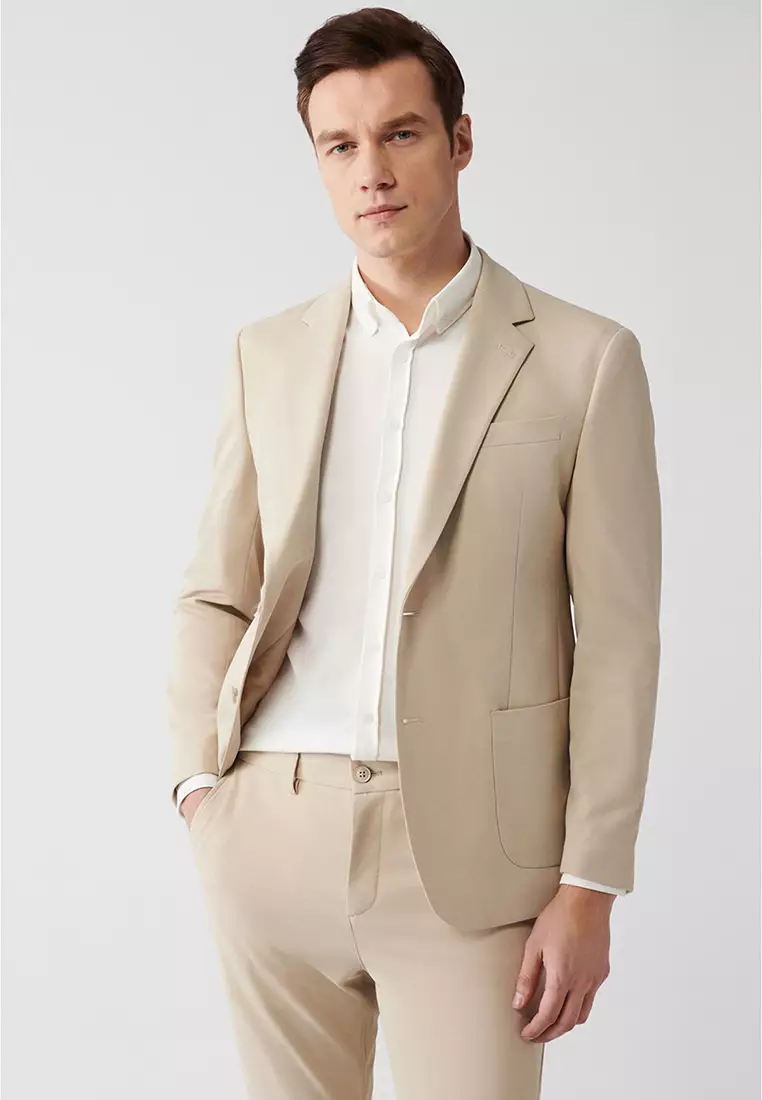 Men's Beige Mono Collar Lined Slit Jersey Fabric Jacket B004000