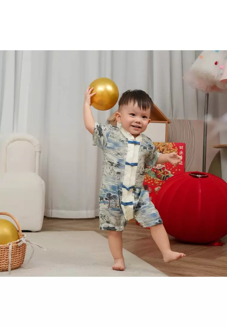 中國風景畫山水房屋嬰兒男孩唐裝漢服連身褲0840