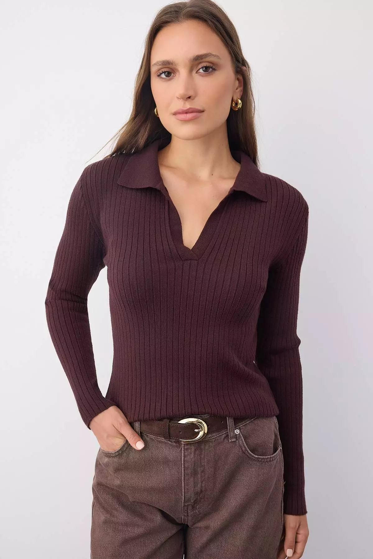 Wardrobe Essentials Brown Premium Yarn Polo Neck Ribbed Knit Sweater |