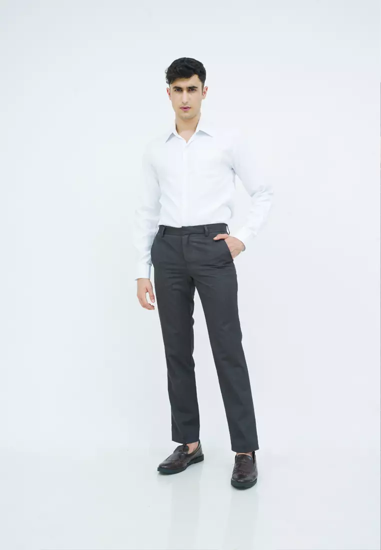 Celana panjang slim fit pria kerja formal garis halus hitam houseofcuff