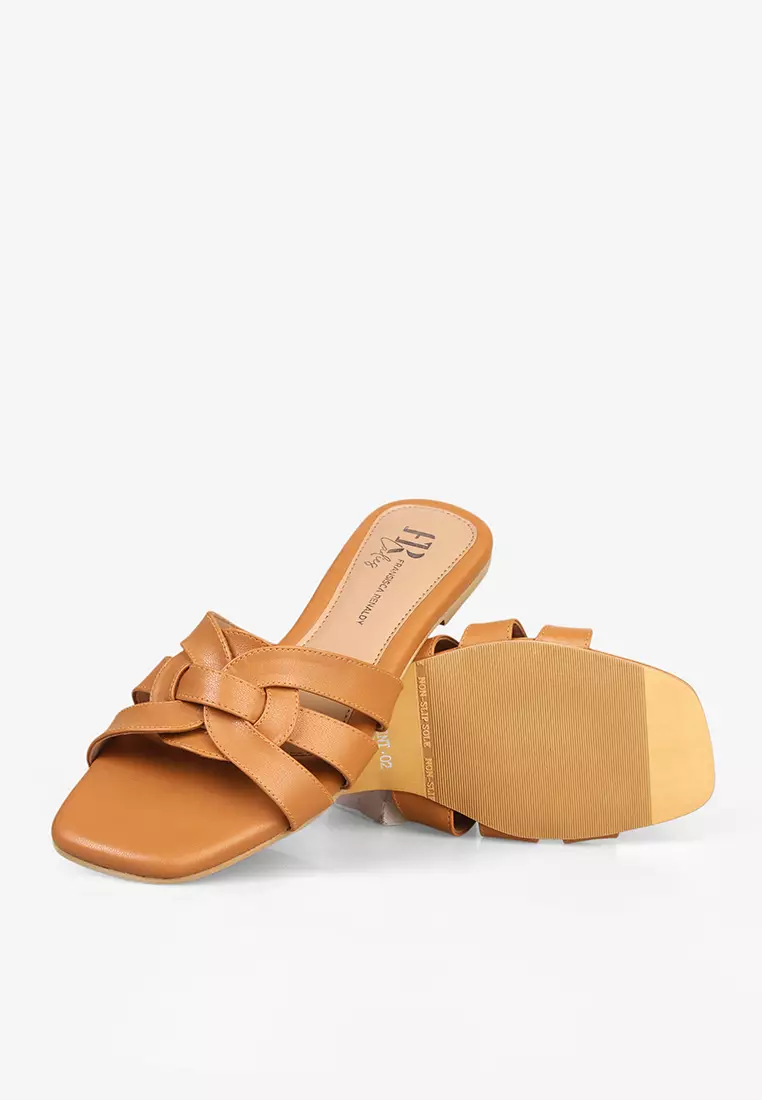 Flat Sandal Slip On Wanita Sandals Anti Slip L.Florent 02 Warna Tan