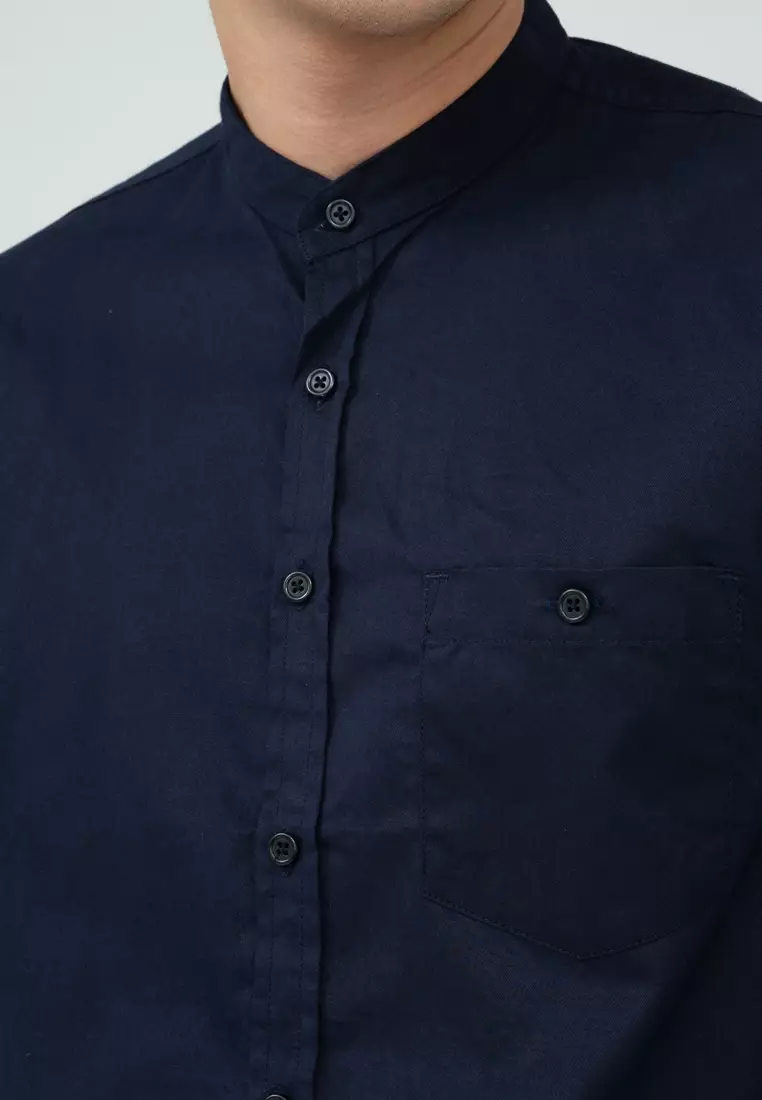 Houseofcuff kemeja Koko Lengan Panjang Pria Navy Gelap Saku Kancing