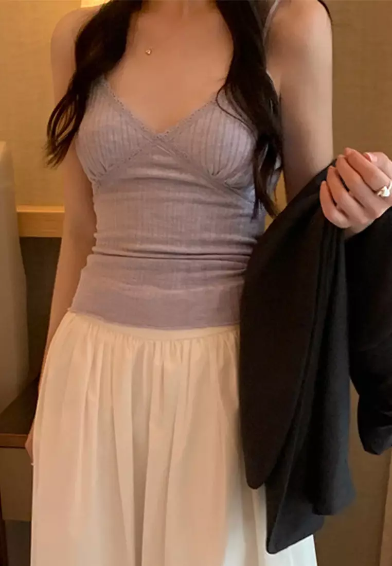 2024 summer ribbed lace suspender top CA24041013PU