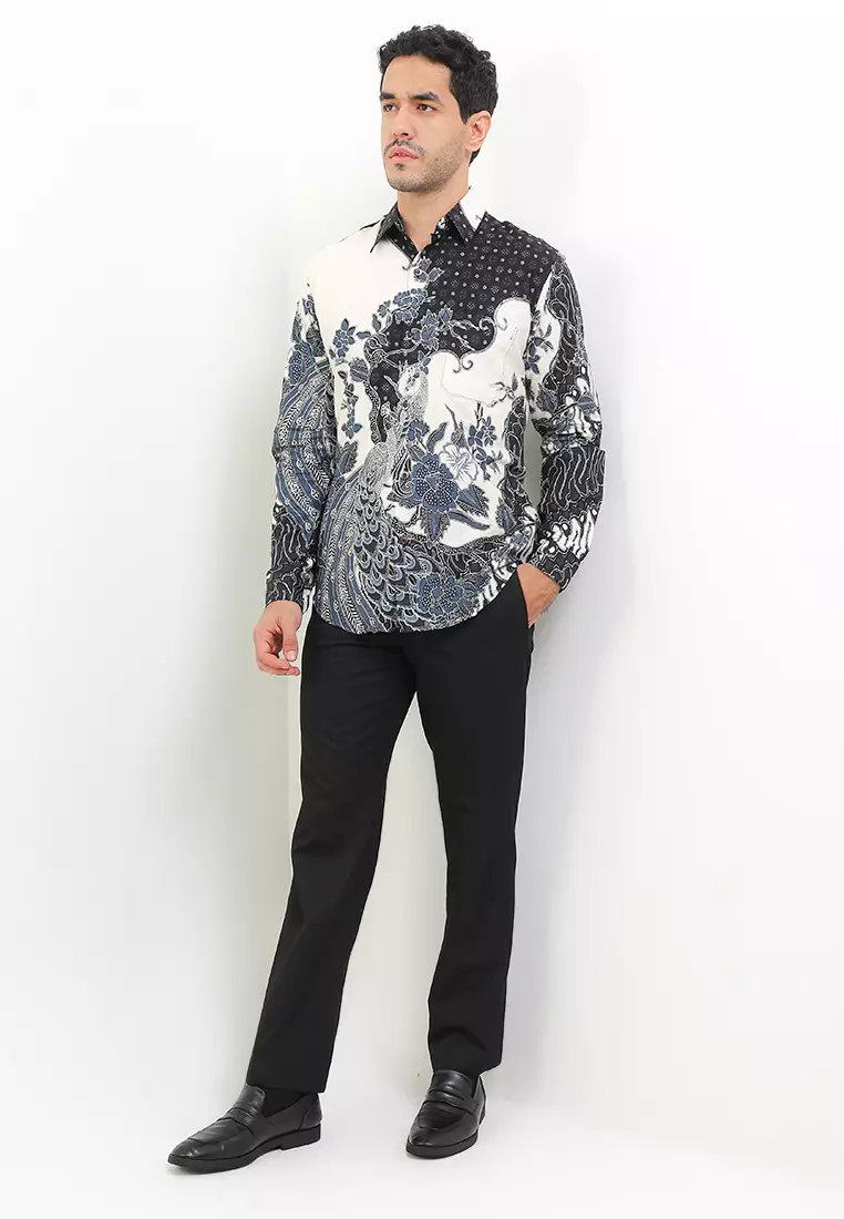 Gervaso Kemeja Batik Exclusive Premium Pria Casual Modern Lengan Panjang Black White Prada