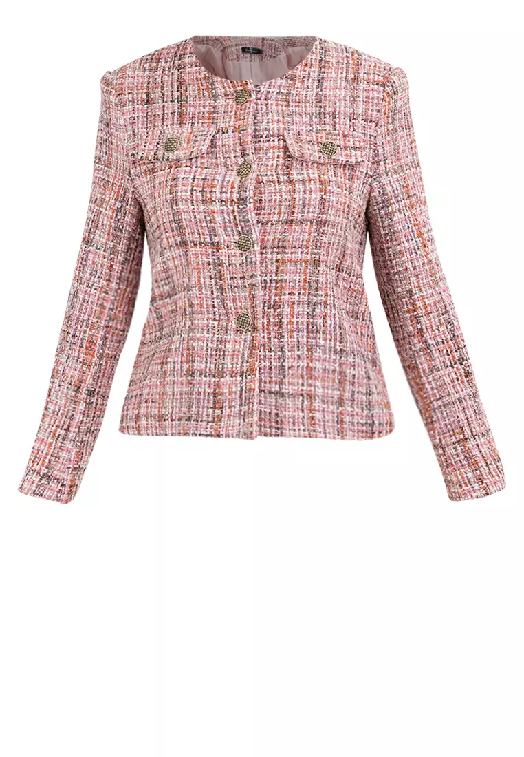 Elegant Collarless Tweed Blazer