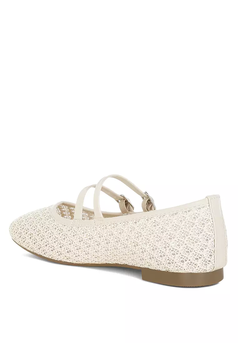 Pin Buckle Strapped Ballerinas In Beige