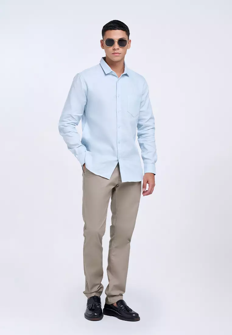 MANZONE - Kemeja Dobby Lengan Panjang Pria Ami 5 Slim Fit - Blue Warna Blue