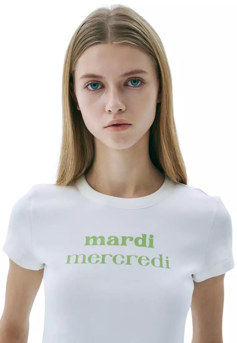 Cropped Fitted Tshirt Double Logo - Ivory Yellow Green