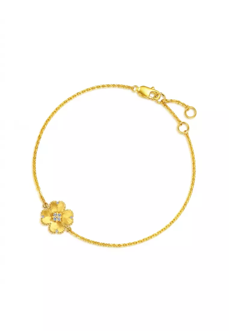 999 24K Solid Gold Rhyme Four-Leaf Clover Diamond Bracelet for Women 95101B