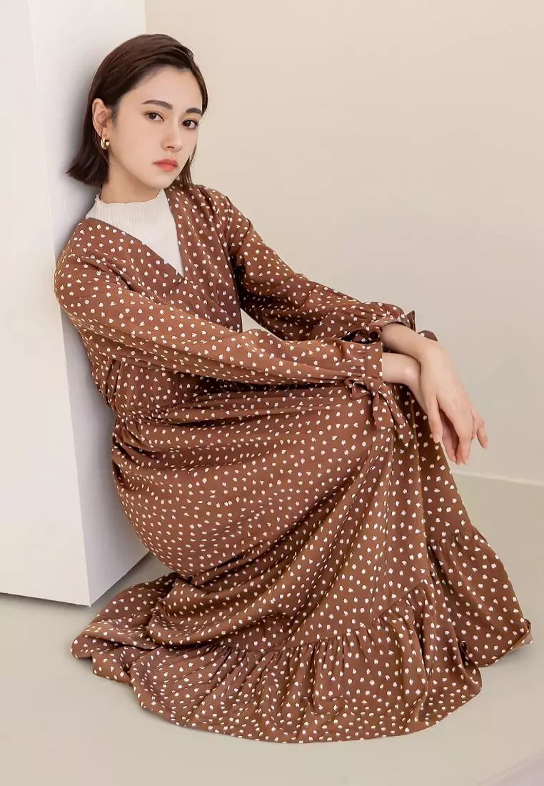 V-Neck Polka Dot Long Sleeve Tie-Waist Flared Midi Dress with Ruffle Hem [DA9448]