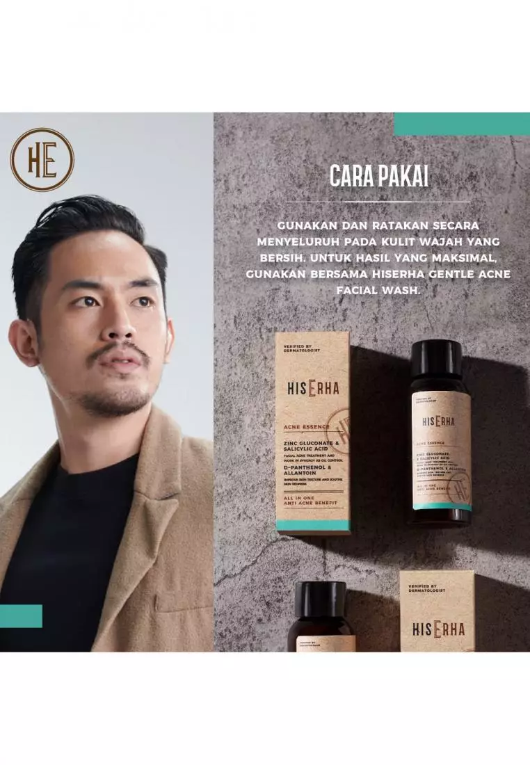 His Erha Gentle Acne Essence All In One With Zinc Gluconate, Salicylic Acid, D-Panthenol, & Allantoin - Serum Wajah Pria Berjerawat