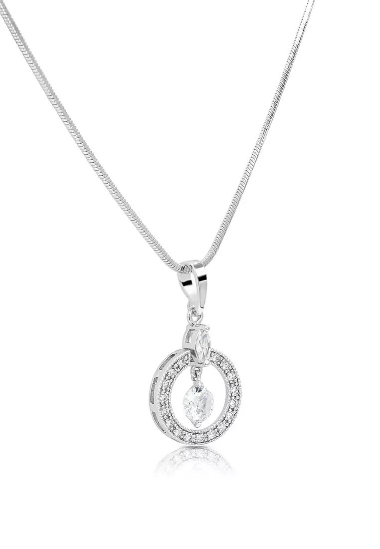 SO SEOUL Halo Open Circle Diamond Simulant Cubic Zirconia Hoop Earrings and Pendant Chain Necklace Jewelry Gift Set