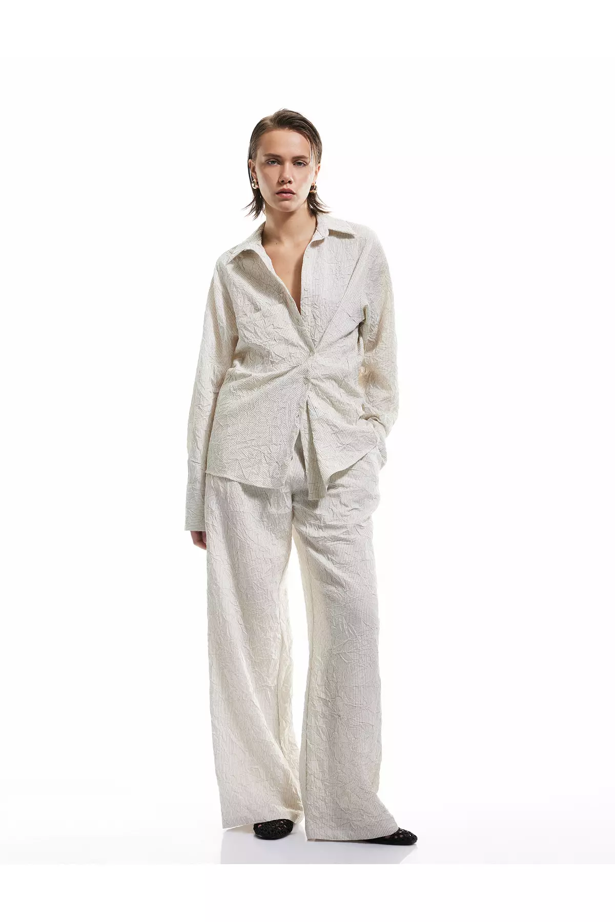 Viscose Fabric Comfortable Fit Pocket Textured Straight Loose Leg Trousers