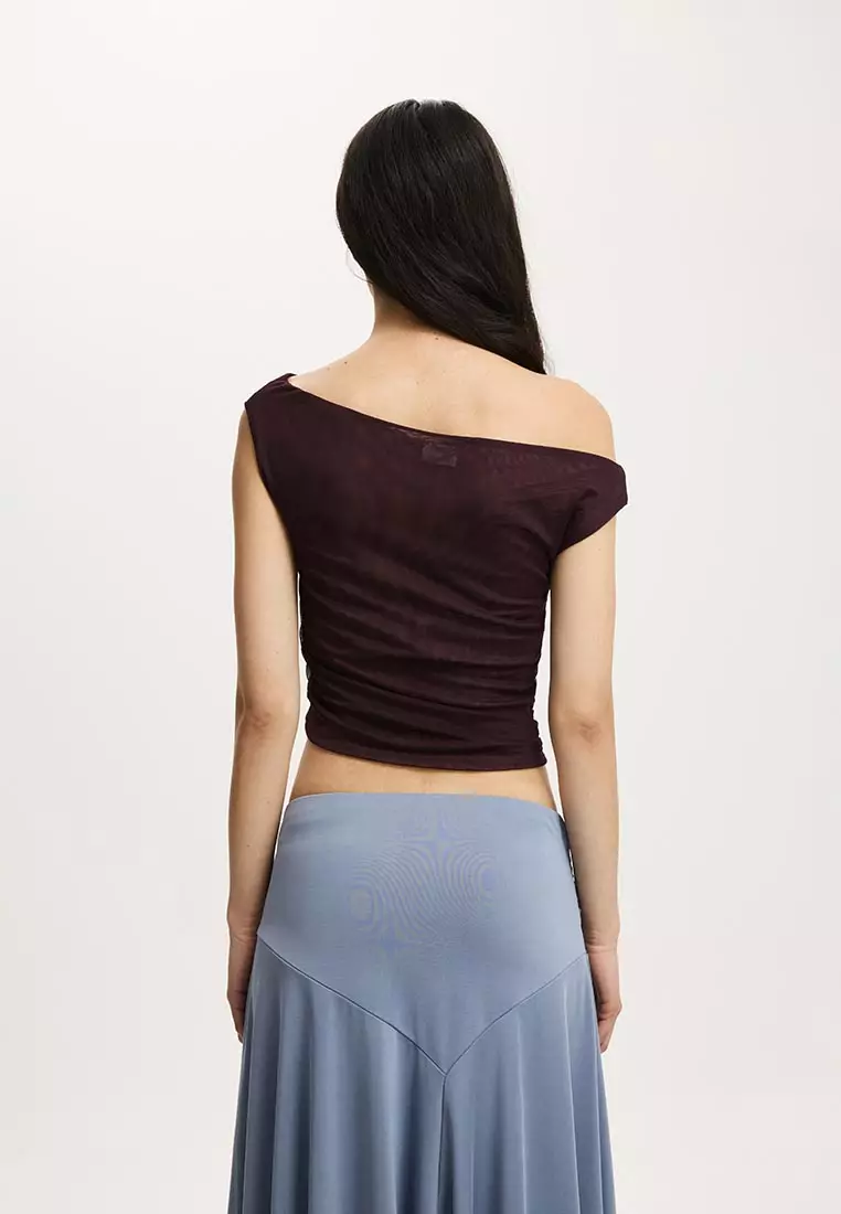 Gathered Mesh Off Shoulder Top