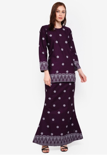 Cotton Modern Kurung With Songket Print (MGlory) from Kasih in Purple and Silver