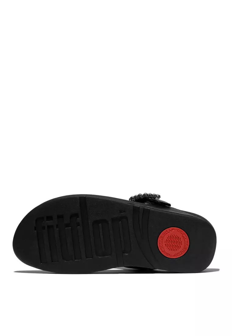 FitFlop LULU Crystal-Buckle Leather Toe-Post Sandals - All Black (E1D-090)