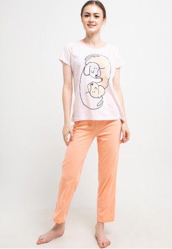 Puppy pink and orange Pyjama Pijama Short Sleeve Long Pants Sleepwear 90E69AAC0F2656GS_1