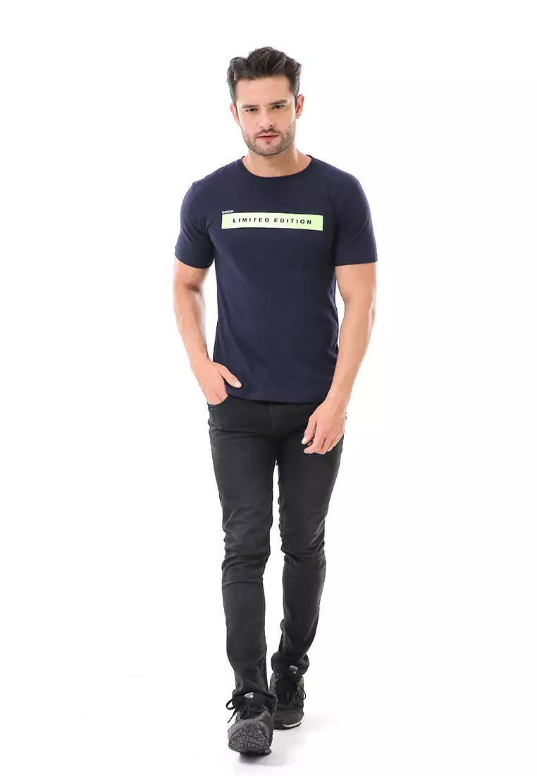 Aisley Atasan Kasual Pria Kaos Motif Limited Edition Lengan Pendek Material Cotton ORIGINAL - Navy