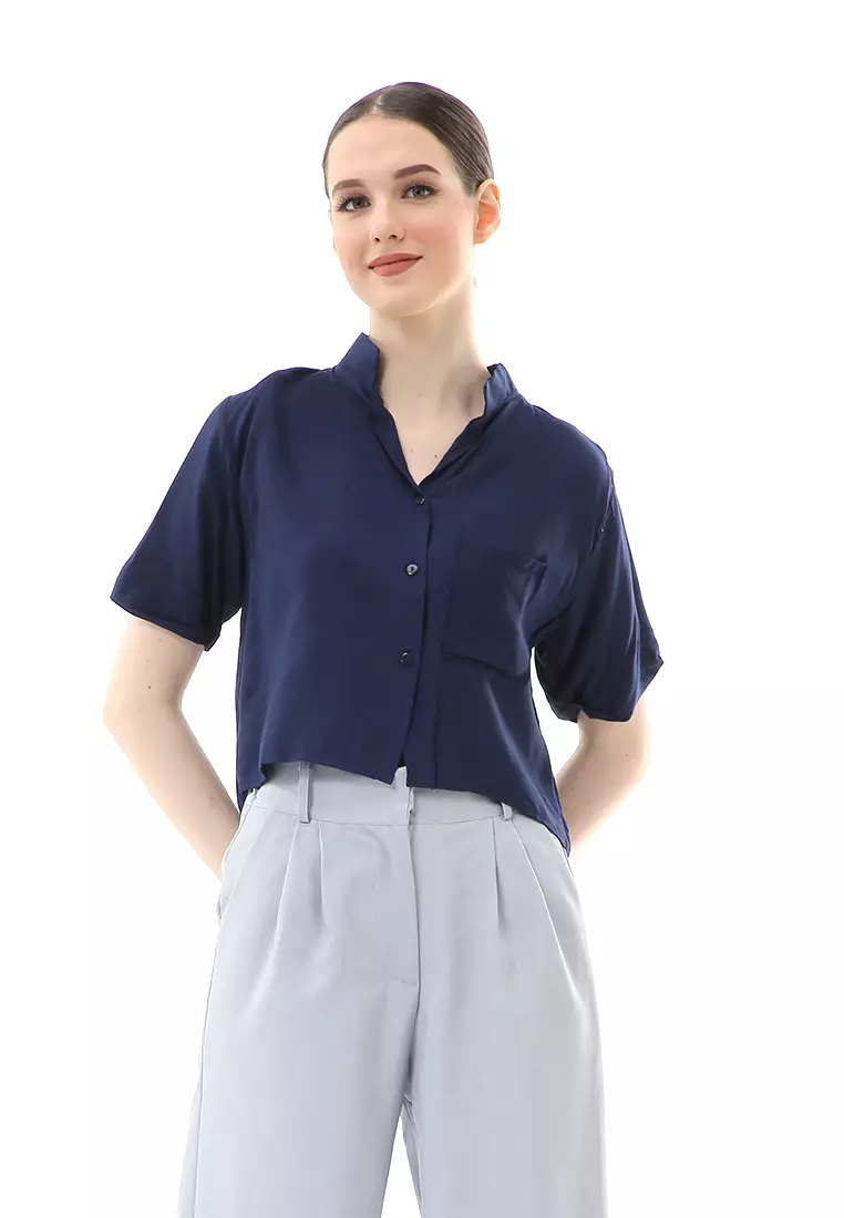 Melinda Kemeja Crop Top Atasan Wanita Motif Polos Relaxed Fit - Navy