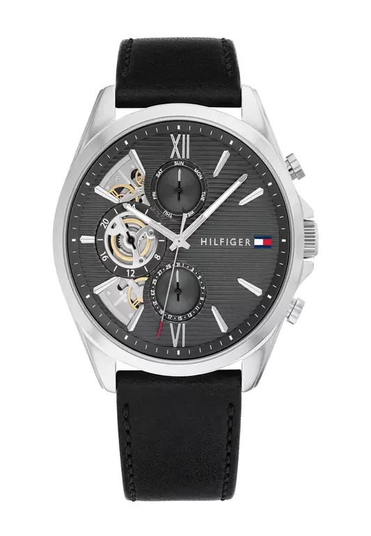 Men's Black Leather Strap & Stainless Steel Case Quartz Watch - TH1710644