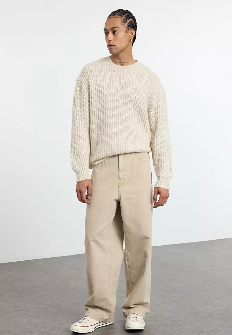 Stone Unisex Oversize Crew Neck Textured Knitwear Sweater TMNAW25KZ00011