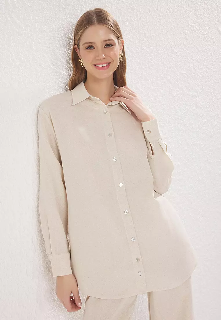 Beige Linen Look Mother-of-Pearl Buttoned Woven Bottom-Top Set TCTSS25US00029
