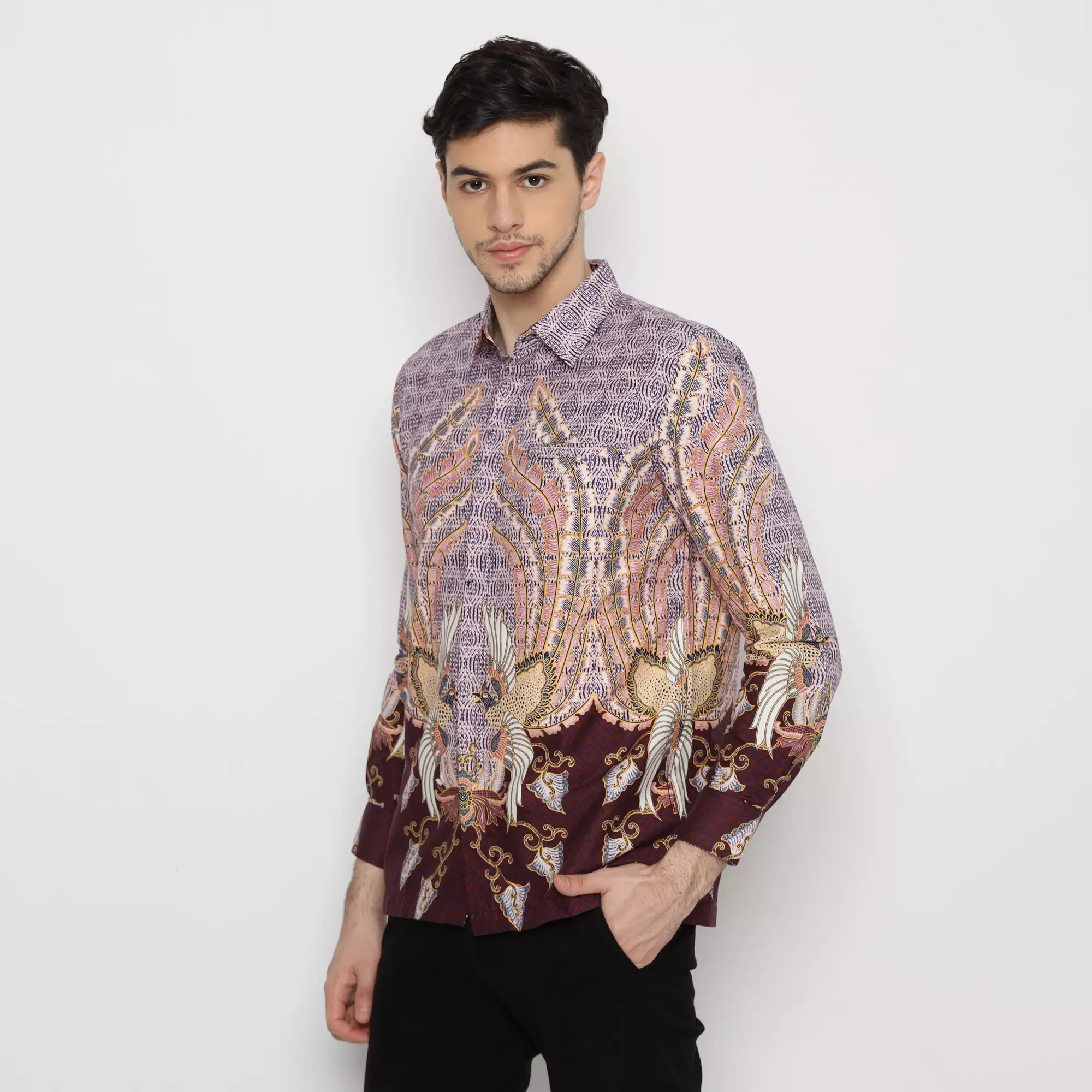 Platini Kemeja Batik Pria Lengan Panjang Katun Maroon 36034