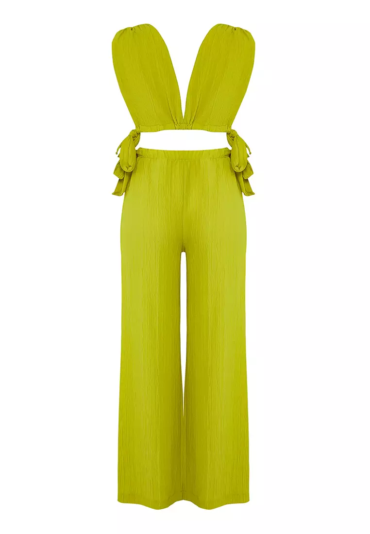 Oil Green Woven Binding Detailed Deep V Neck Beach Blouse Pants Suit Tbess25Au00088