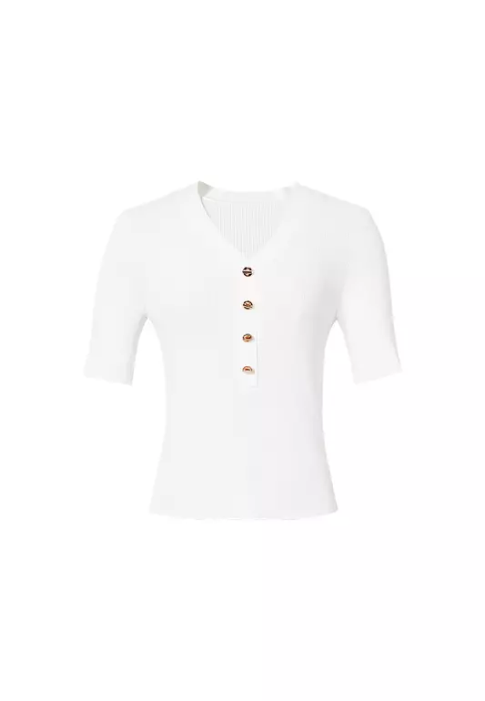 Hlaf Sleeve V-Neck Summer Front Button Knitted Top
