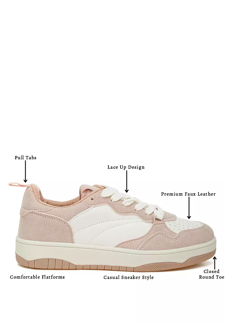 Faux Leather Casual Sneakers in White and Pink