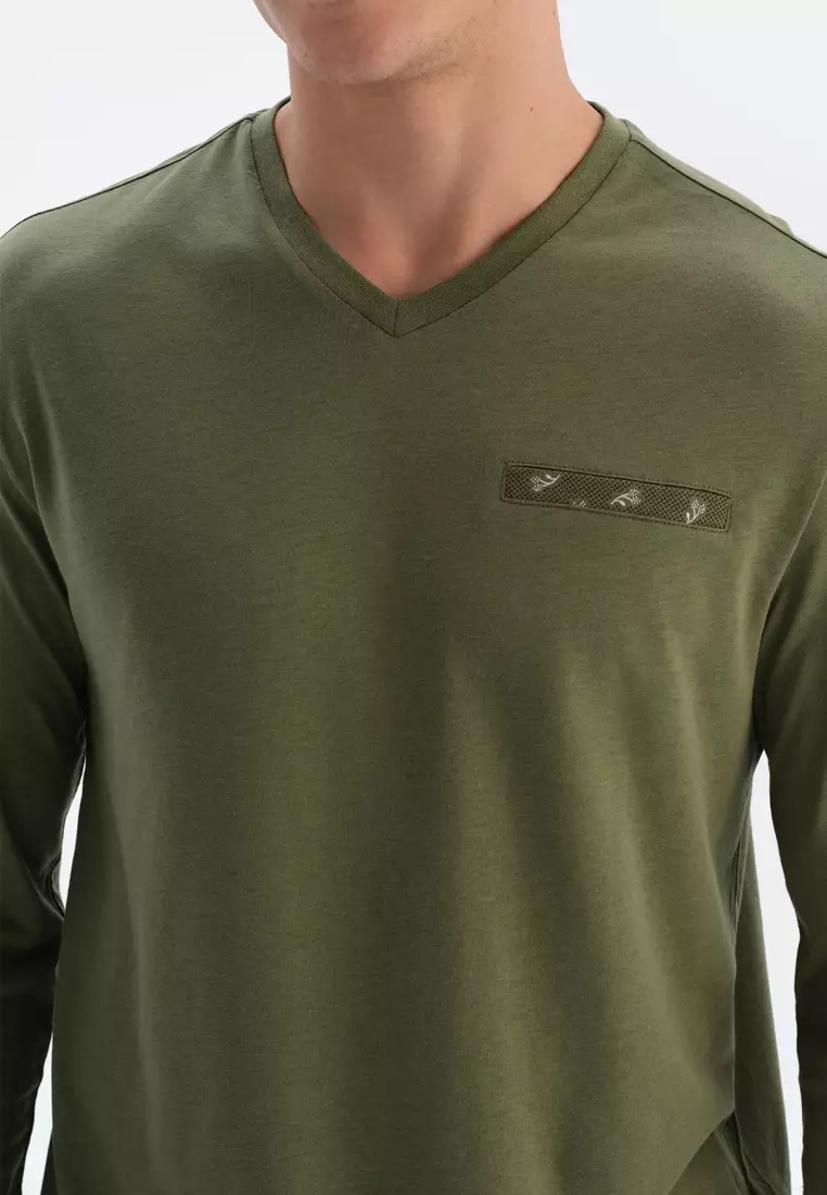 Khaki T-Shirt & Trousers Set, V-Neck, Regular Fit, Long Sleeve Sleepwear for Men