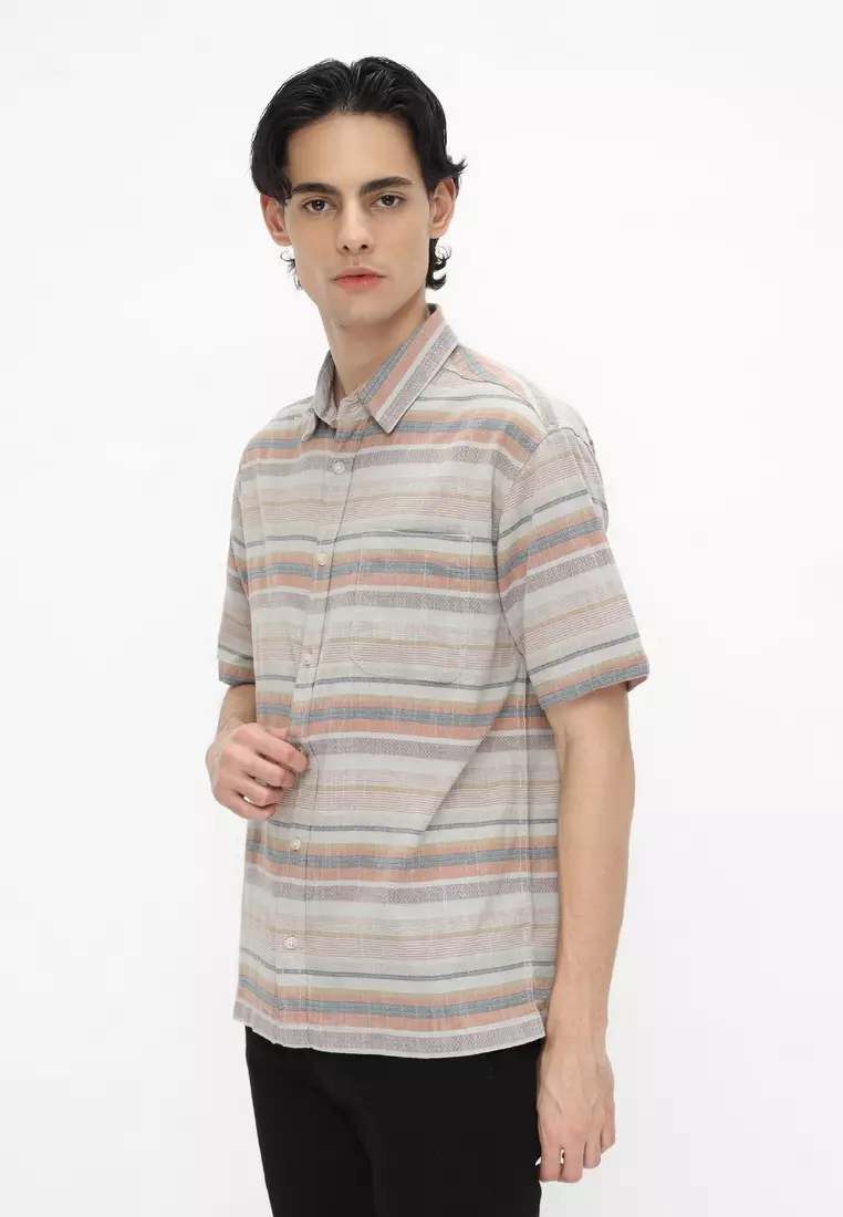 POLICE Kemeja Salur Printing Khaky Orange Regular Fit Pria