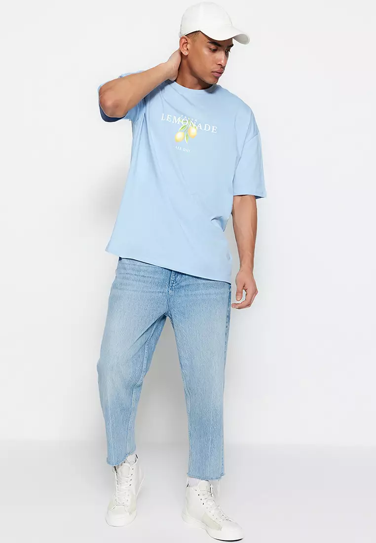 Light Blue Unisex Oversized/Wide Cut Crew Neck Short Sleeve Printed T-Shirt
