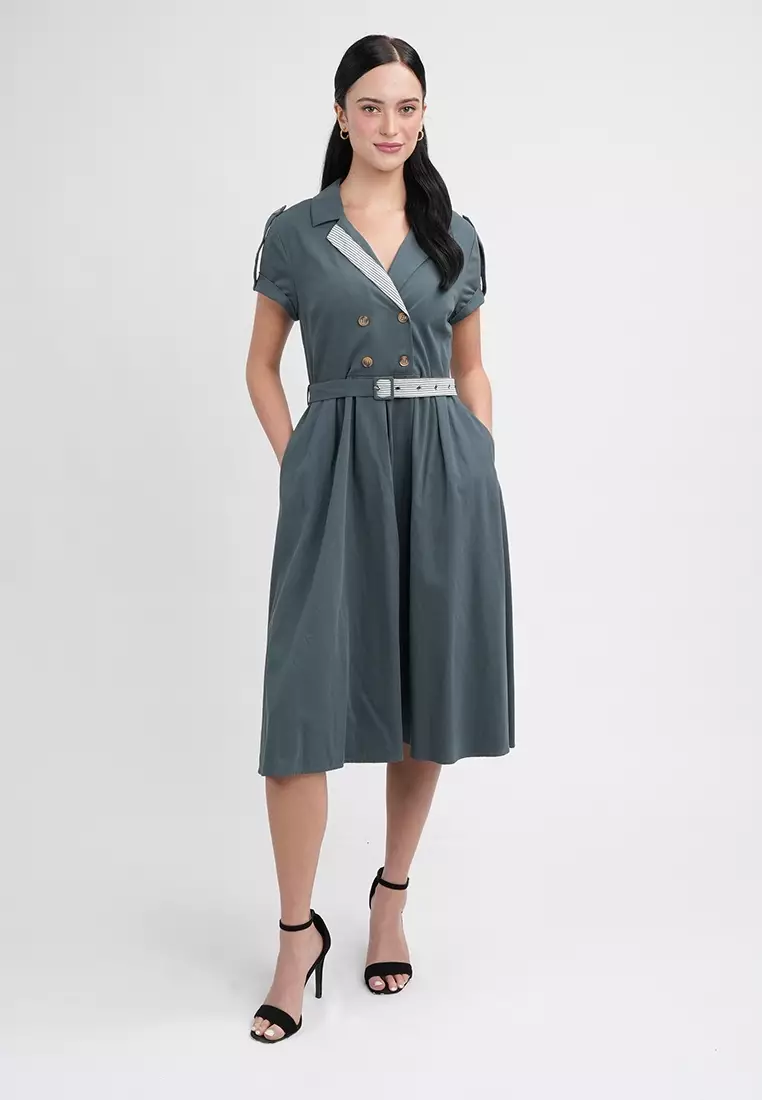 Maxine Button-Down Belted Midi A-Line Dress