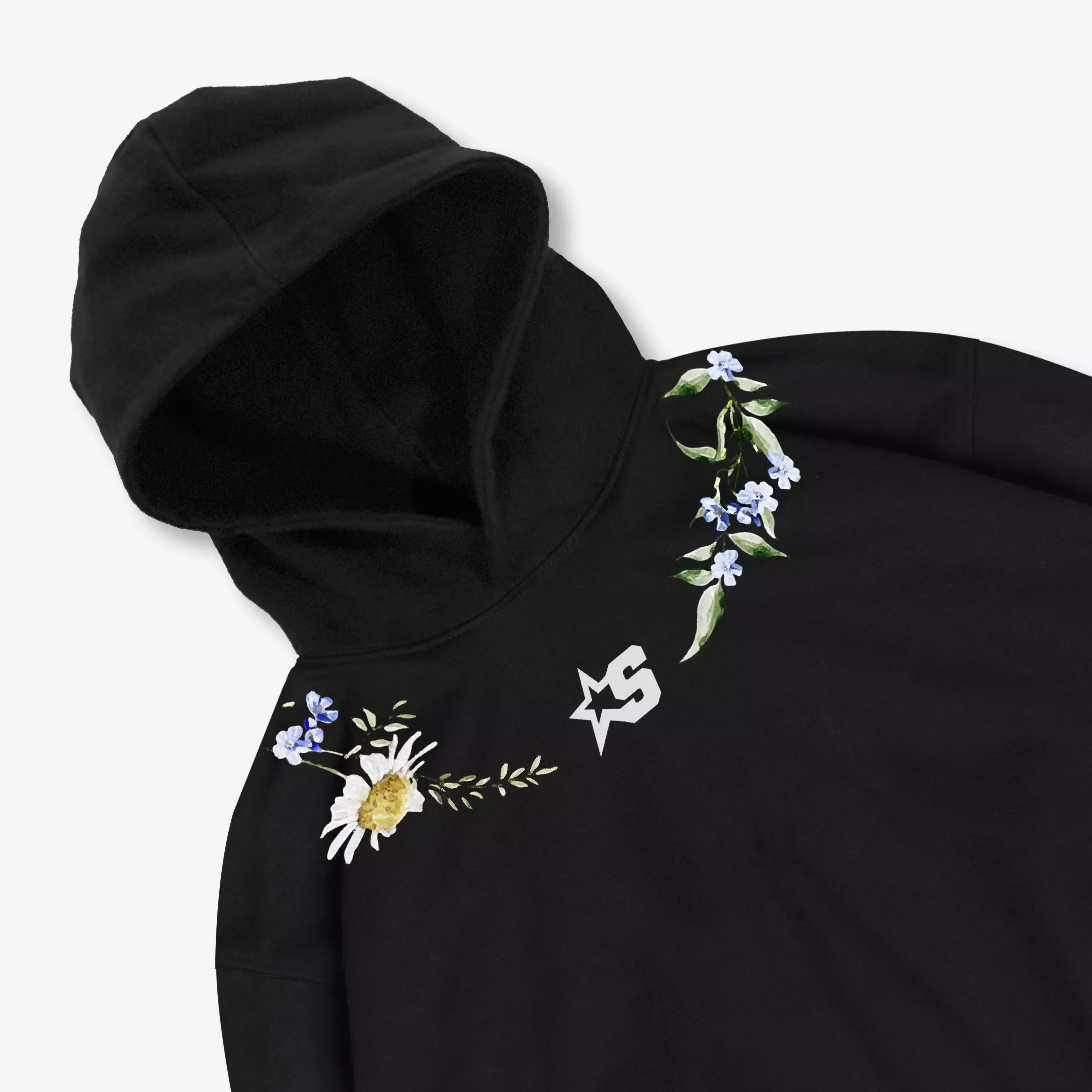 OOTDSUPPLY Hoodie Boxy Fit 375gsm Chamomiles Black l Hoodie Boxyfit Heavyweight | HDBX012