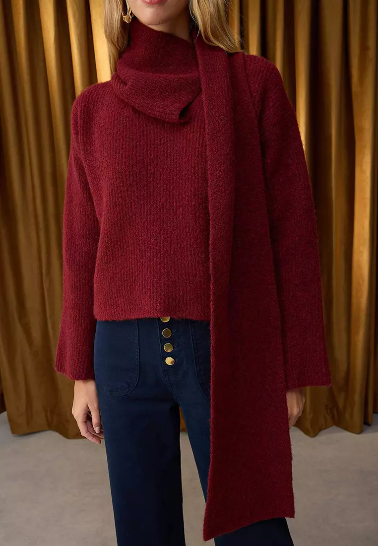 Burgundy Wool Blend Beard Yarn Shawl Collar Detailed Knitwear Sweater Twoaw26Kz00008