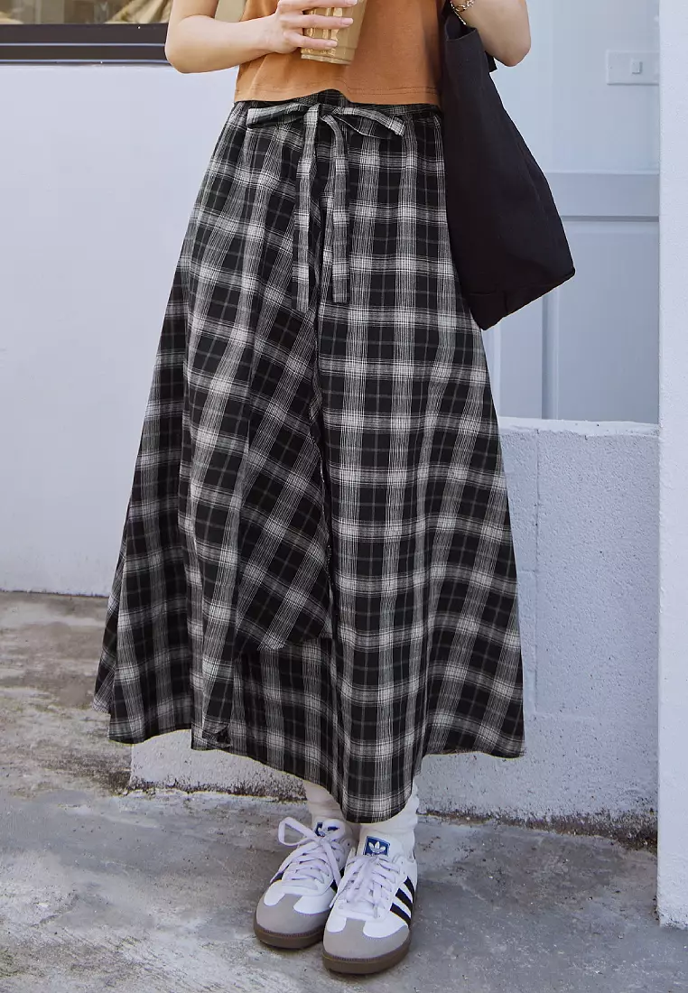 Plaid Elasticated Tie Maxi Skirt with Slit [BA8026]