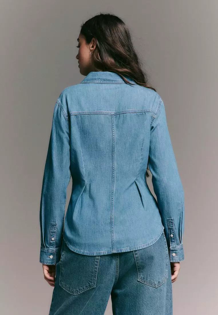 Cinch Waist Fitted Long Sleeve Denim Shirt