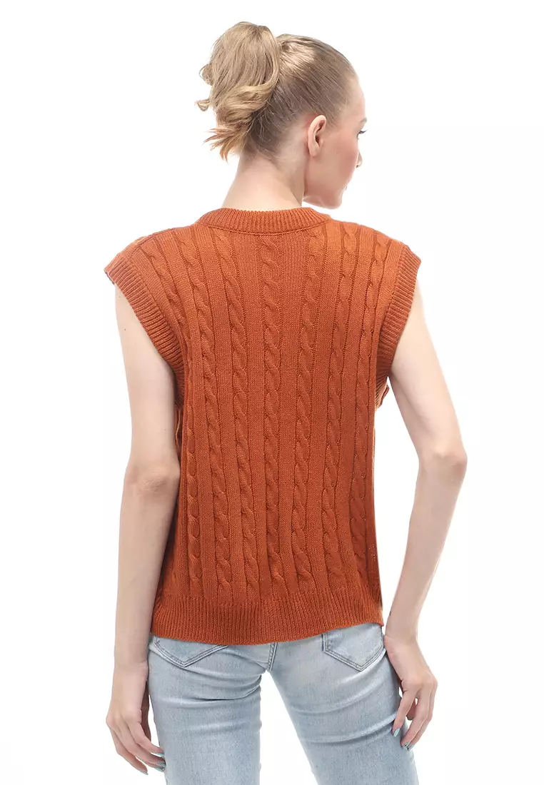 Urice Vest Rajut Atasan Wanita V-neck Sleeves Design Elegant - Coral