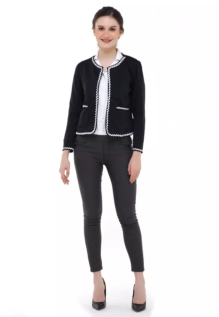 Qemsya Blazer Wanita Lace Motives Formal Suit Material Scuba ORIGINAL - Black