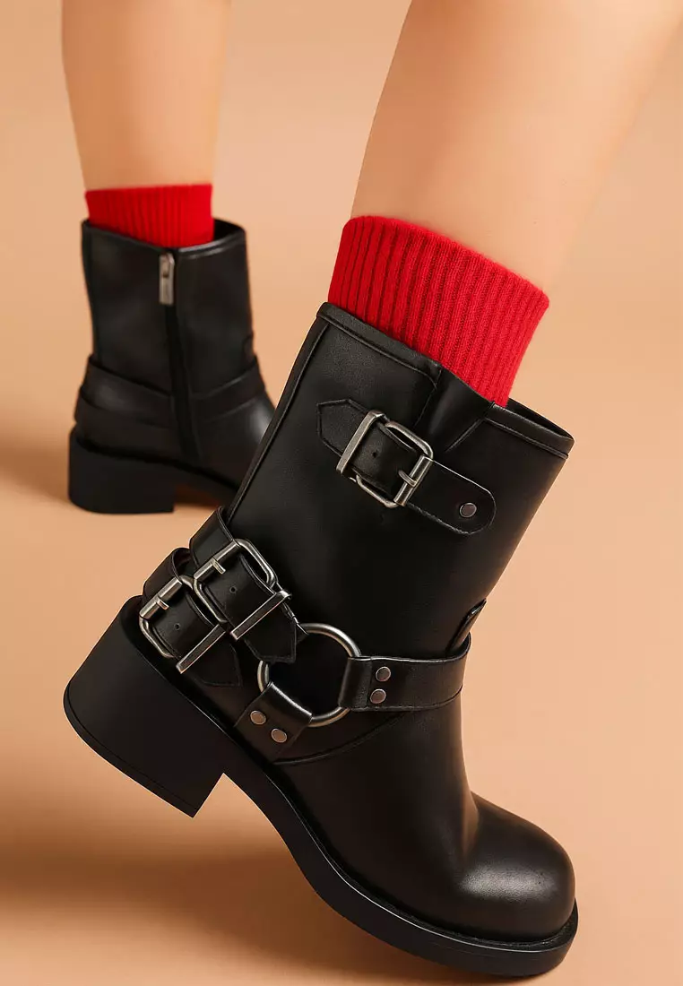Harness Detail Biker Boots in Black